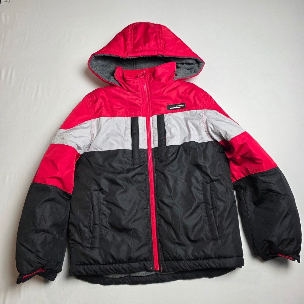 London Fog‎ Puffer Jacket Boys Medium 10-12 Red Colorblock Hooded Fleece Lined